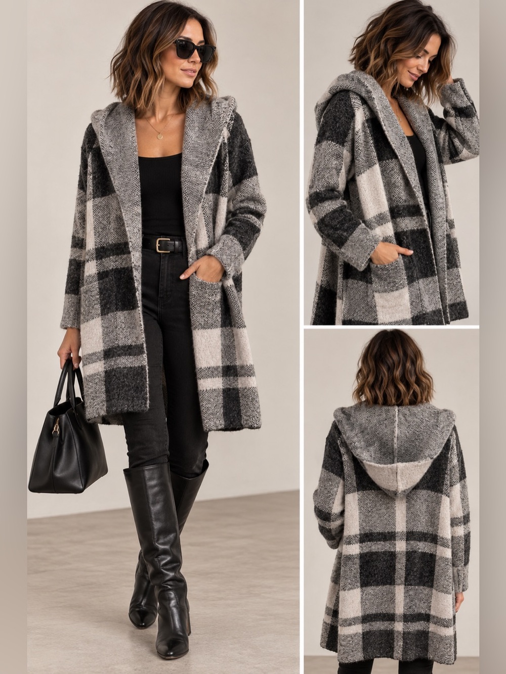 Cyrus Black Gray Plaid Hooded Open Front Cardigan Sweater Size XL